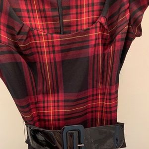 Red Plaid Sheath Dress with Black Patent Belt M